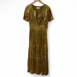 Anthropologie The Somerset Maxi Dress Velvet Edition Tiered Bronze Gold